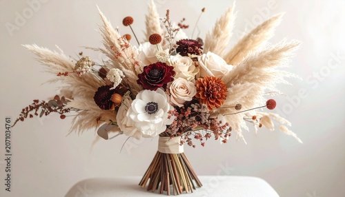 Elegant Bohemian Wedding Bouquet with Pampas Grass and Burgundy Flowers.