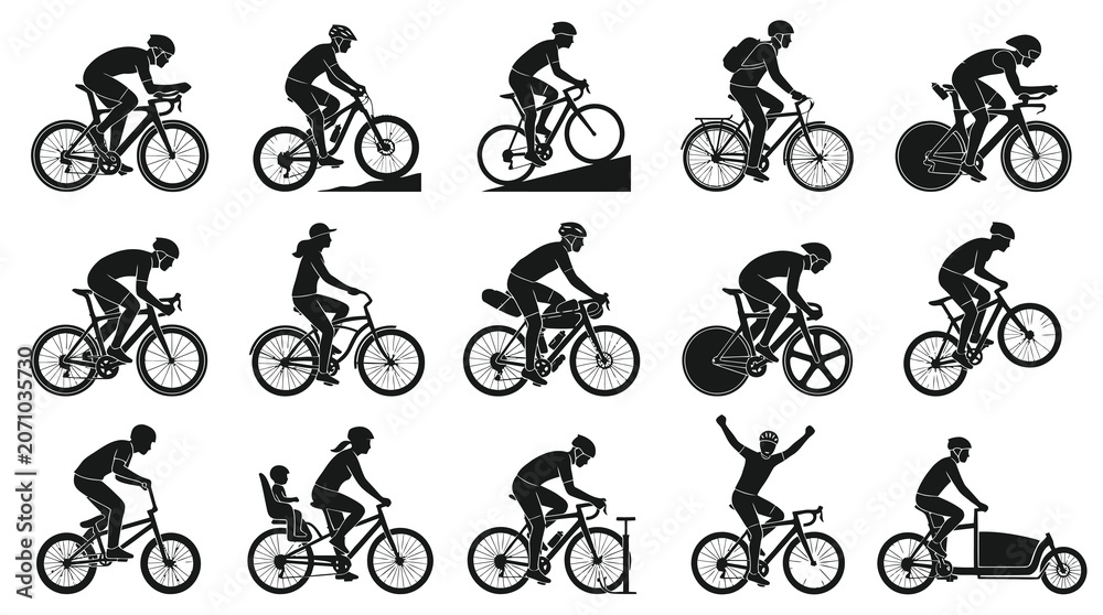Obraz premium Cyclists Silhouette Icons Set. Diverse Bicycle Riders in Black Monochrome Glyph Style for Sports and Recreation.