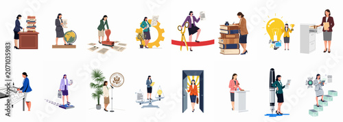 Set of illustrations depicting professional women engaged in various stages of the patenting process, intellectual property law, and business innovation.