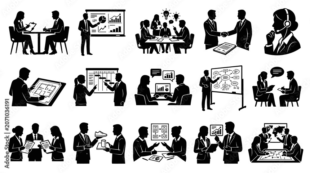 Fototapeta premium Business Meeting Silhouettes: Black White Flat Icons of People Collaborating