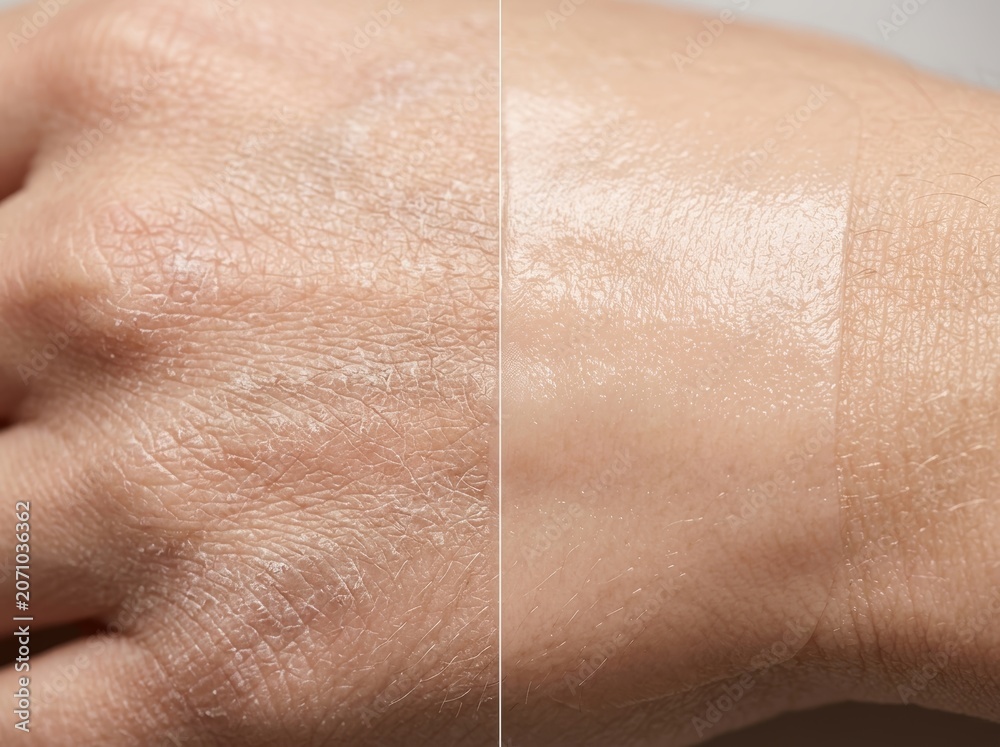 Fototapeta premium Skincare comparison of dry versus hydrated skin on woman hand. Moisturizing lotion effect on texture. Dermatological treatment and beauty therapy for healthy and smooth skin regeneration.