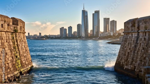 Ancient Fortress Meets Modern Skyline Over Ocean Waves