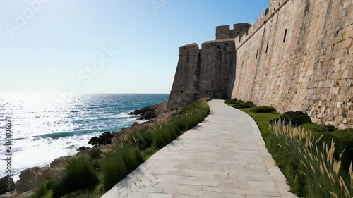 Ancient Stone Fortification Path Coastal Walkway Ocean View