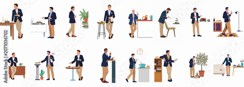 Cuadro en lienzo Set of illustrations depicting a well-dressed man enjoying food and drinks at a social gathering or buffet event