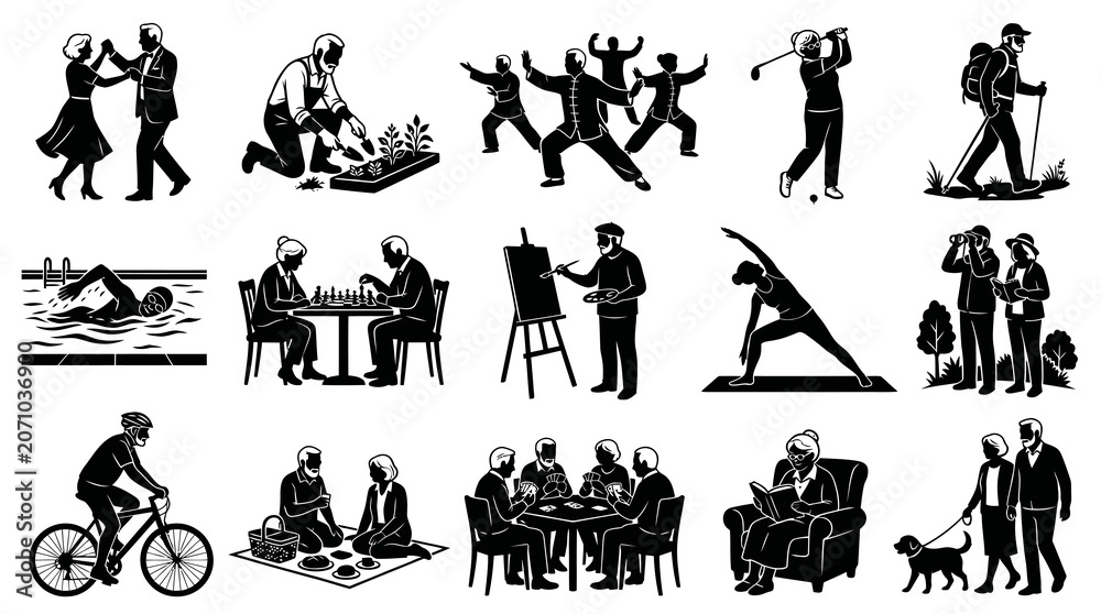 Fototapeta premium Black and White Line Art Icons of Seniors Enjoying Diverse Hobbies and Activities