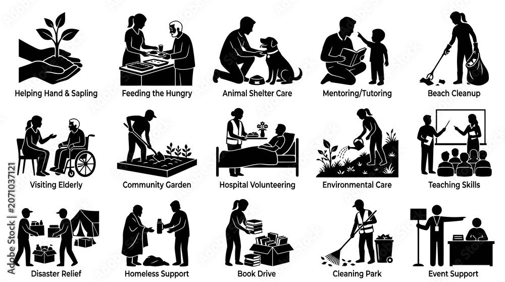 Fototapeta premium Charity and Volunteer Work Icons: Helping Hand, Feeding Hungry, Shelter, Beach Cleanup