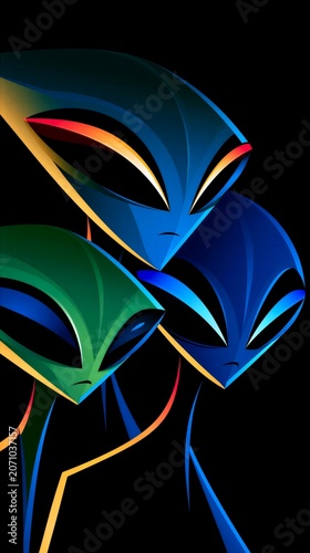 Colorful Alien Heads on Black Background