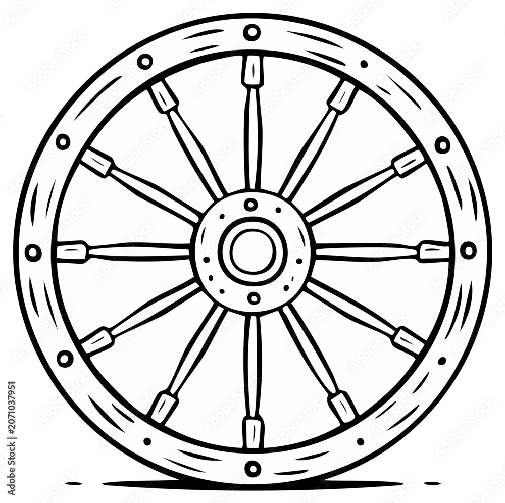 Obraz premium Cartoon illustration of a rustic wooden wheel used for transportation or decorative purposes