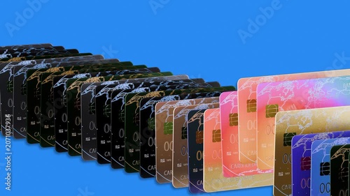 Multiple Credit Cards Rising in Sequence on Blue Background – 3D Fintech Animation 4K