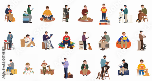 Tableau sur toile Large collection of flat illustrations featuring diverse men and boys reading books in the company of their loyal pet dogs