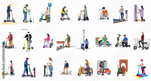 Fotografie Flat vector illustrations of diverse people using electric scooters and mopeds for commuting, delivery, and leisure in modern city settings