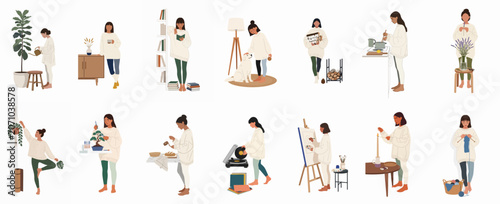 Konstfotografi Collection of women participating in relaxing home activities and hobbies, including gardening, reading, cooking, and crafting, depicted in a cozy minimalist illustration style