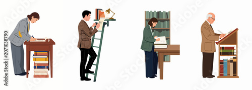 Fotografie Flat vector illustration of professional people and scholars writing legal documents, wills, and scrolls in a library or archival environment