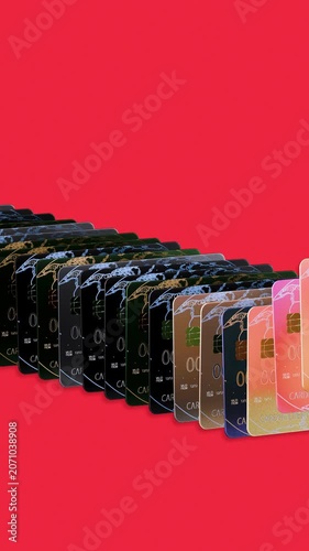 Vertical Multiple Credit Cards Rising in Sequence on Red Background – 3D Payment Concept 4K