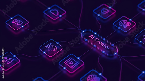 Futuristic Artificial Intelligence Network Interface with Connected Data Nodes Machine Learning Cloud Computing and Digital Technology Concept