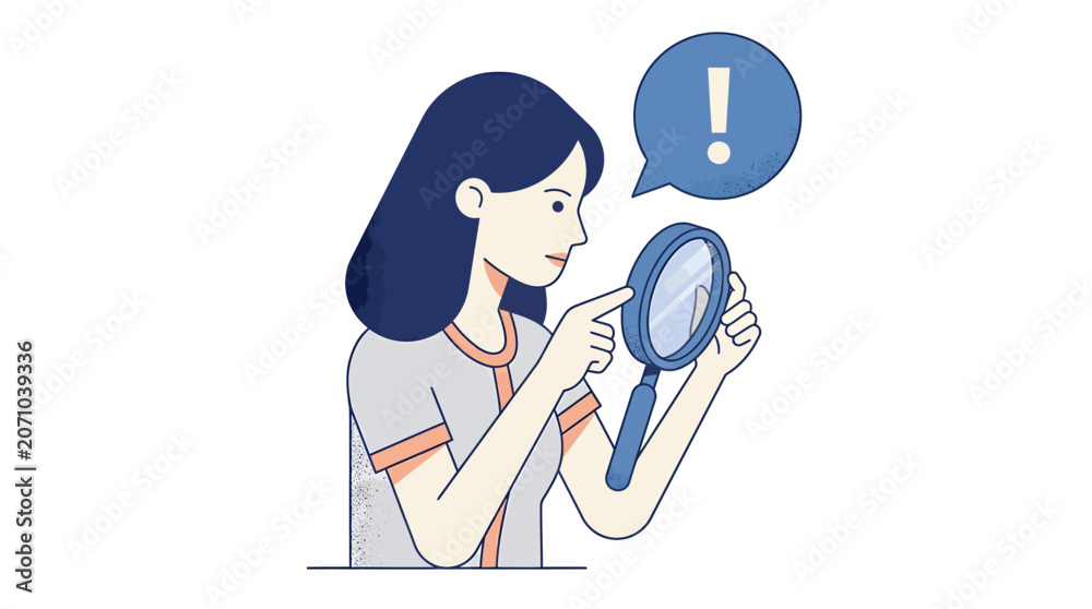 Fototapeta premium Curious young woman with a magnifying glass and an exclamation bubble, symbolizing detailed analysis and problem discovery for business solutions, educational content, and investigative reporting.