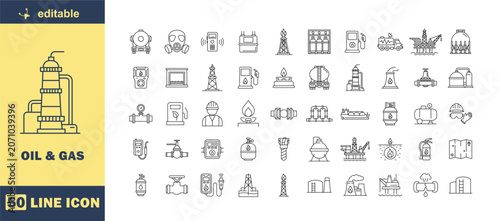 Billede på lærred Oil and Gas Line Icon Set – Editable Stroke Outline Collection for Petroleum Ind