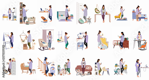 Tableau sur toile Flat Illustration Set of Working Mothers Balancing Professional Tasks with Infan