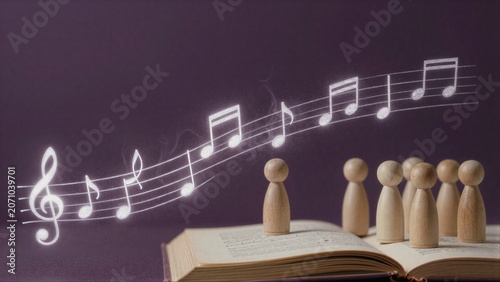Music notes float above wooden figures, symbolizing harmony and learning.