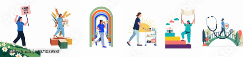 Empowered Nurses Advocating for Universal Healthcare and Professional Excellence in a Diverse Set of Conceptual Flat Illustrations