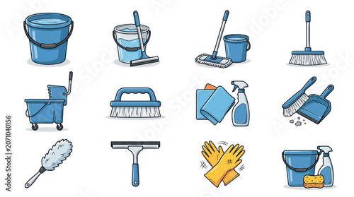 Foto Cleaning supplies and tools collection.