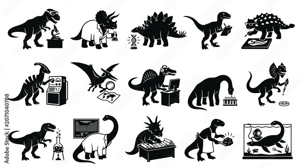 Fototapeta premium Dinosaur Scientists Researching Fossils and Experiments, Black and White Vector Art