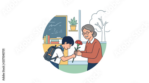 Schoolboy Giving a Carnation Flower to His Teacher