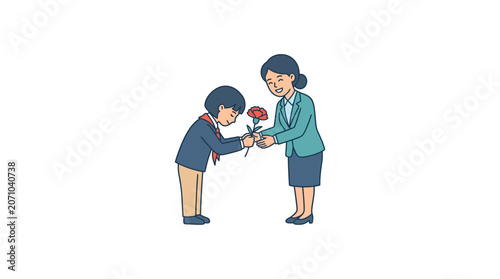 Schoolboy Giving a Flower to a Teacher