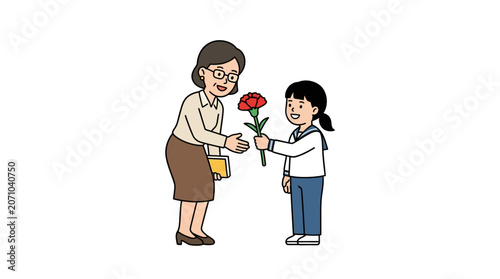 Schoolgirl Giving a Carnation Flower to Her Teacher