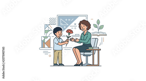 Schoolboy Giving Flower to Teacher Illustration