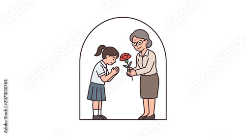 Schoolgirl Giving Carnation to Teacher on Teachers Day