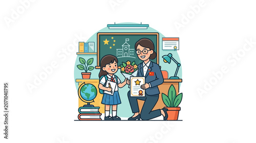Schoolgirl Presenting Flower Bouquet to Teacher in Classroom