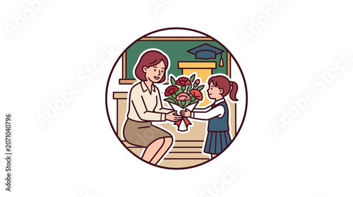Schoolgirl Presenting Flower Bouquet to Teacher