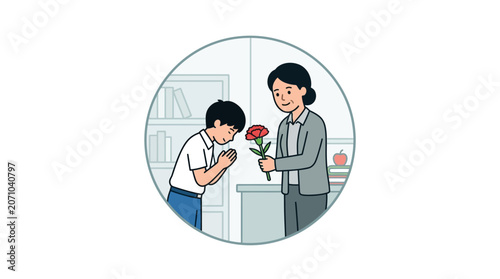 Student Giving Carnation Flower to Teacher