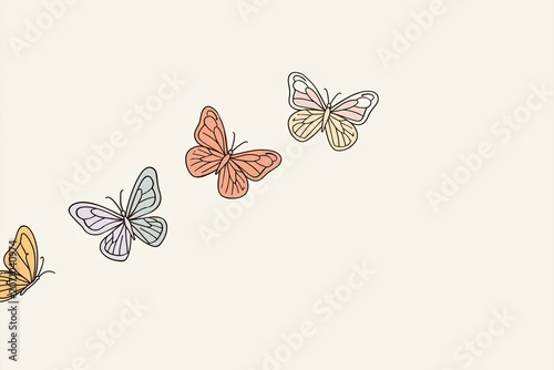 Cute hand drawn pastel butterflies line illustration on cream background