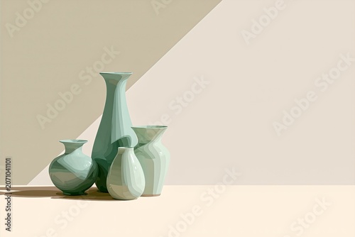 Minimal still life illustration of green ceramic vases on beige background