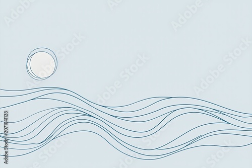 Minimal line art waves and sun on soft blue background with copy space