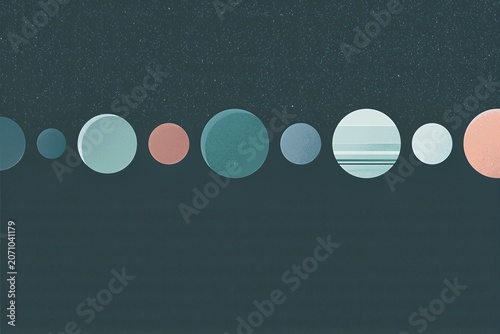Minimal planets in a row on dark teal starry night illustration background