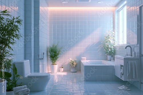 Clean light blue tiled bathroom interior with green plants background