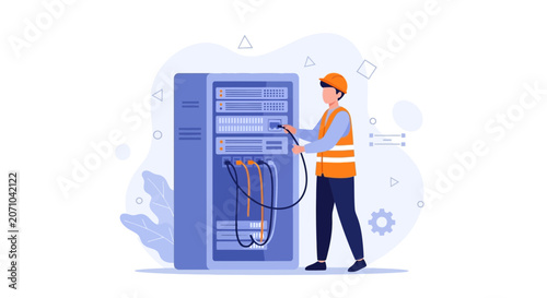 IT Technician Connecting Server Rack with Cables - Data Center Operations and Network Maintenance