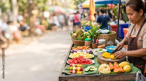 Female vendor preparing fresh tropical fruit at an outdoor market stall