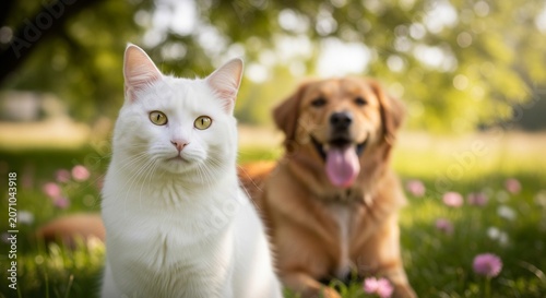 White cat and golden retriever dog sitting together in sunny green park meadow with flowers