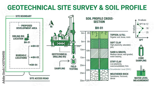 Fotografie Geotechnical Site Survey and Soil Profile Cross-Section Illustration