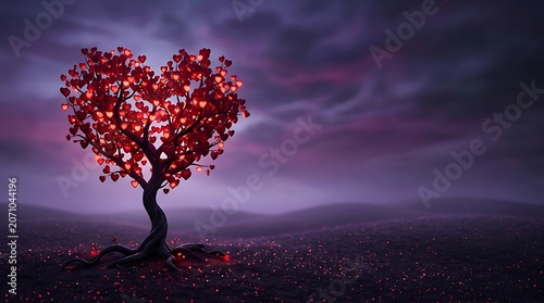 Magical heart shaped tree with glowing red leaves at night