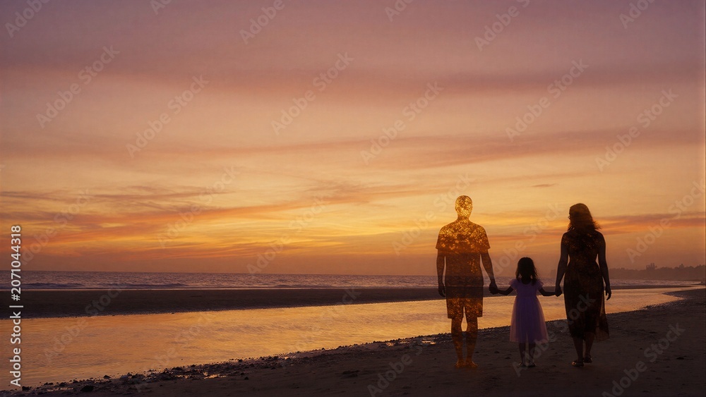 Fototapeta premium Silhouetted family walks hand-in-hand along beach at golden sunset, embracing tranquility together.