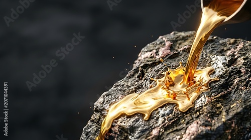 Molten liquid gold pouring and splashing onto a dark mineral rock