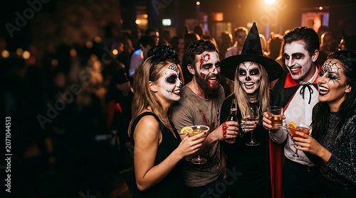 Group of friends in spooky halloween costumes laughing at a party