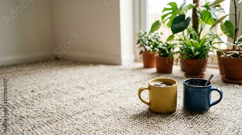 Two colorful coffee mugs on a textured rug with indoor plants