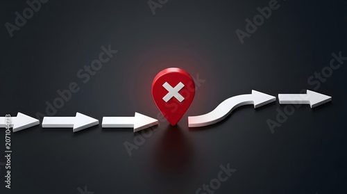 Red location marker with a white cross symbol signifies a wrong turn or error amidst a path of white arrows on a dark background.