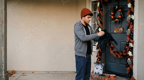 Young man decorating front door with halloween ornaments and raven